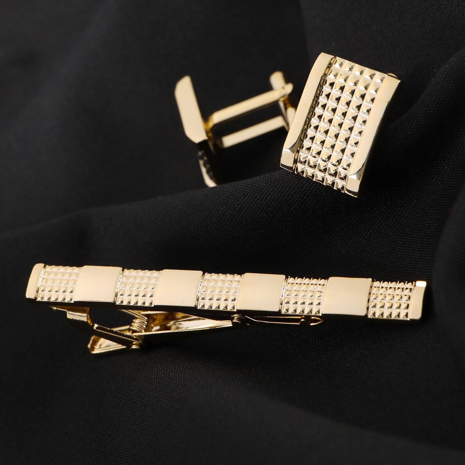 Brand Necktie Tie Clips & Cufflinks Set Men Wedding Tie Bar Tie Collar Pin Square Blue Pattern