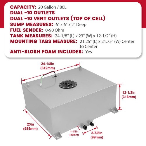 20 Gallon Aluminum Polished Race Drift Fuel Cell Tank Level Sender Lightweight