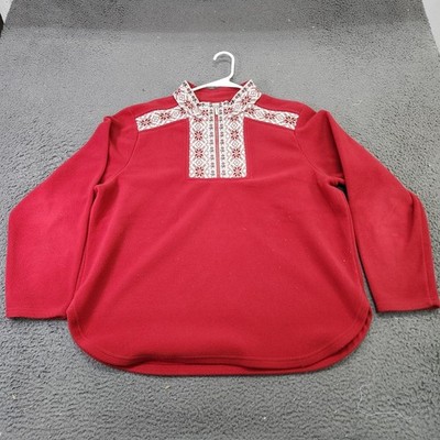 L.L. Bean Sweater Womens Large Red Fleece Mock Neck Fair Isle 1/4 Zip Pullover