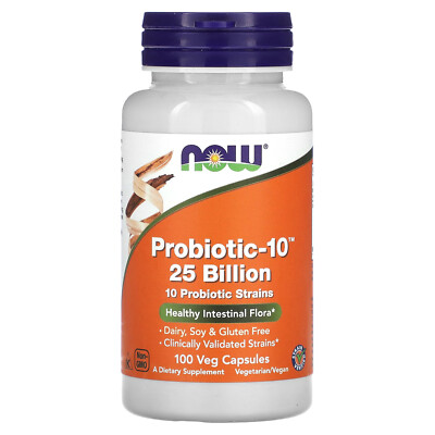 Now Foods Probiotic-10 25 миллиардов 100 растительных капсул без молочных продуктов, без глютена, GMP