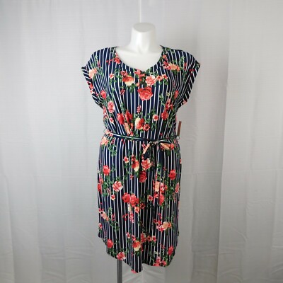 Bobbie Brooks Plus Size Floral Crochet-Back Belted Dress - 1X, Navy #2667