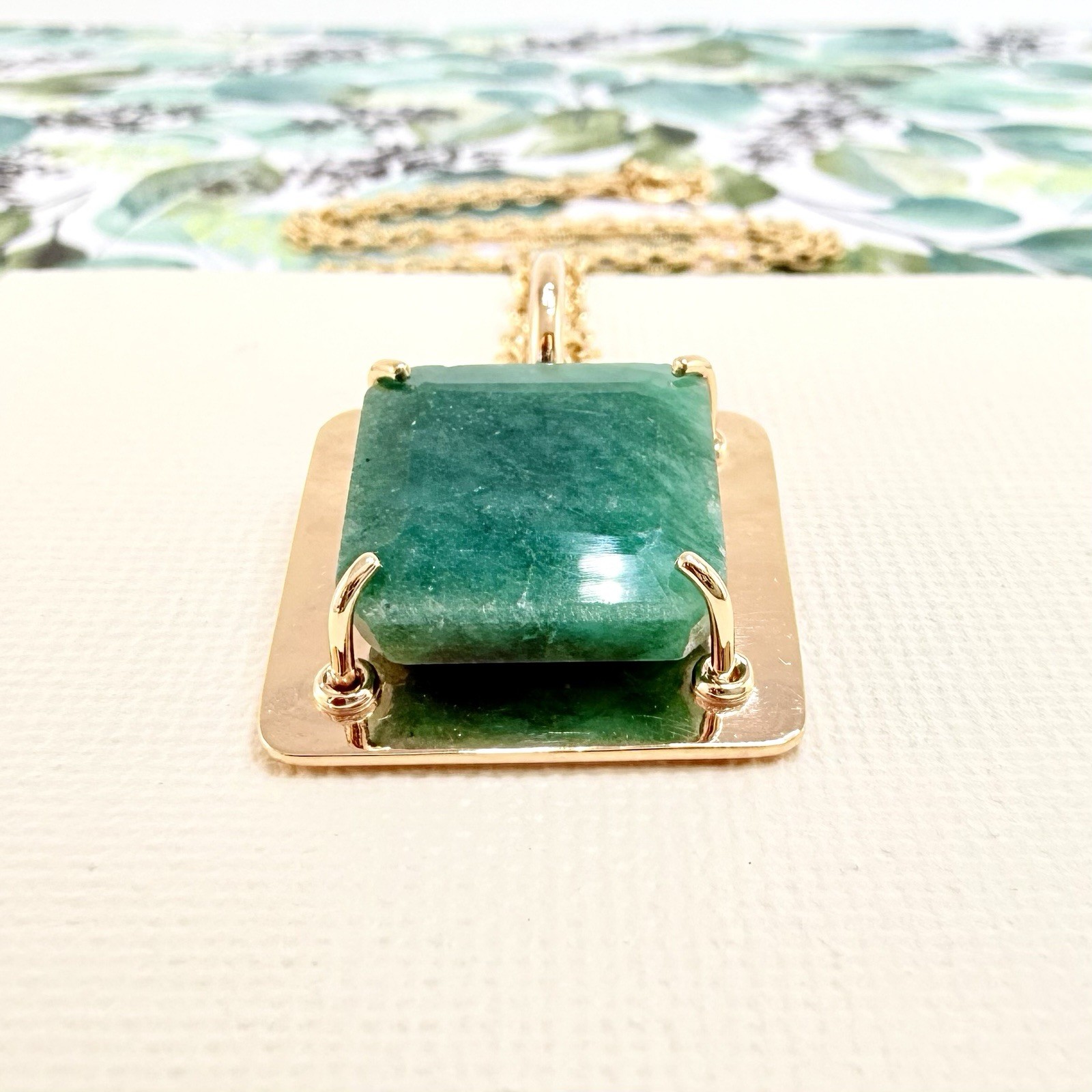 14k Yellow Gold Genuine Emerald Modernist Unisex Pendant, Newly Handcrafted - Picture 2 of 10