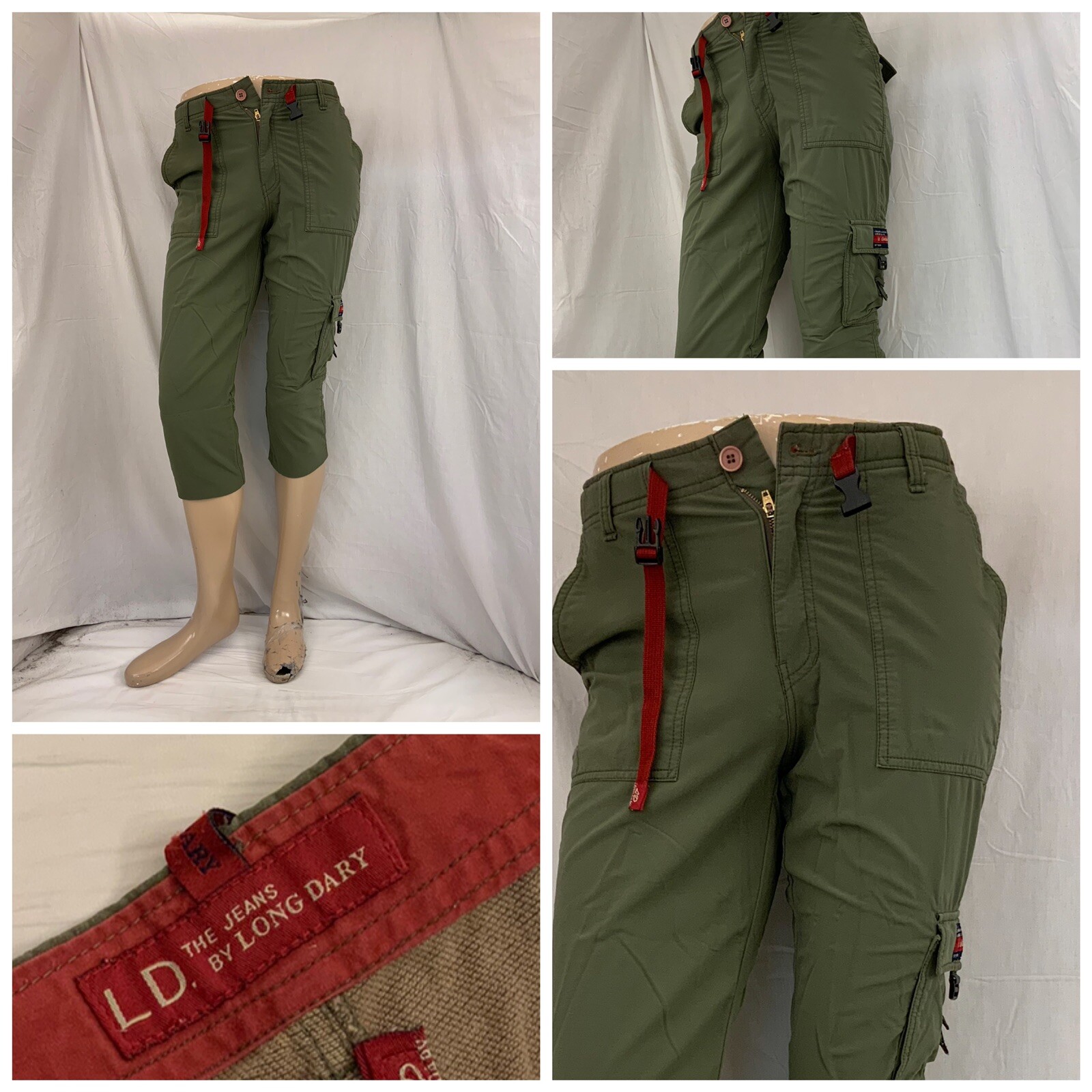 Long Dary Pants Sz 28 Green Flat Front Cargo Pockets Capris