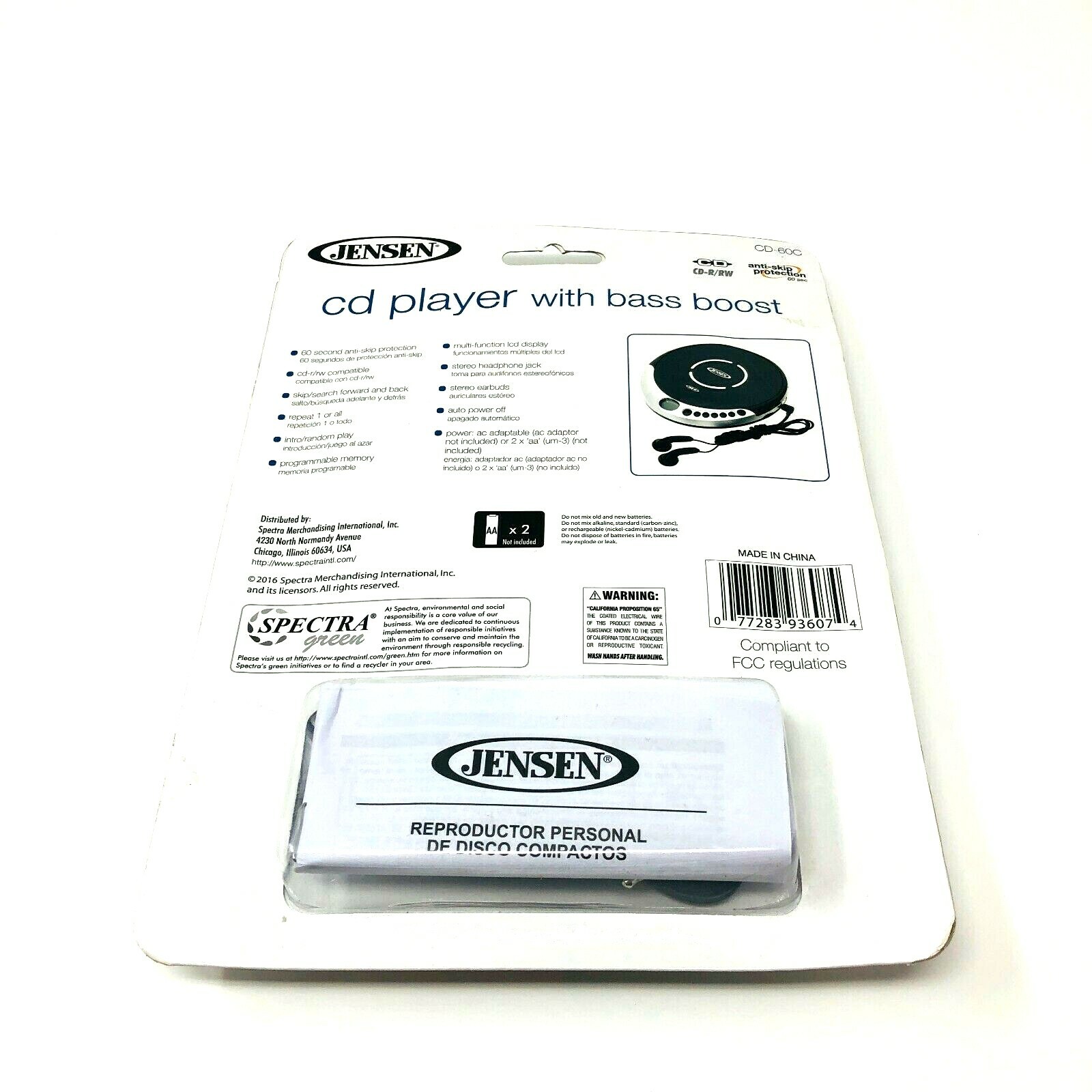 Jensen Black Personal Bass Boost Anti Skip CD Player Stereo Earbuds US Seller