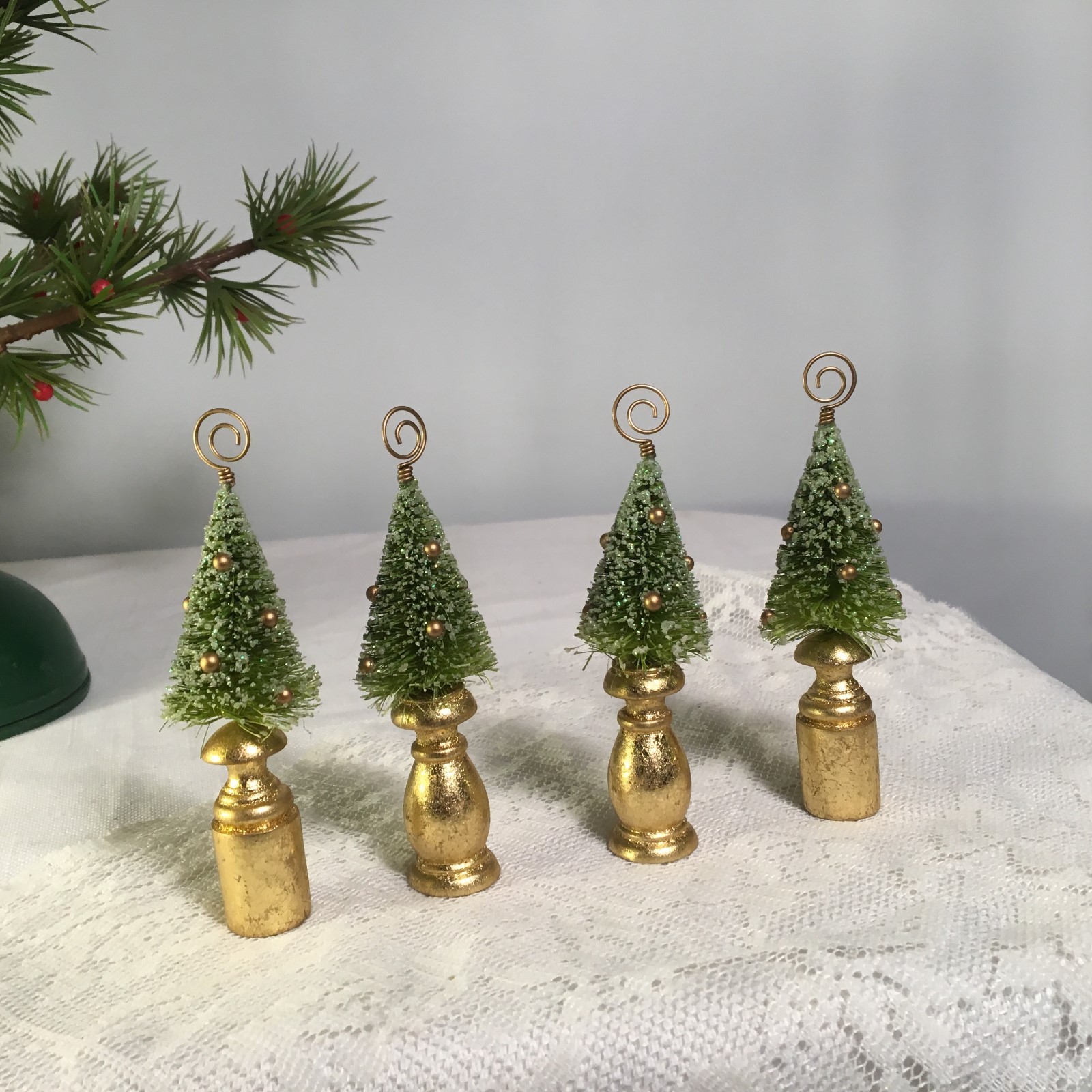 Set of 4 Dept 56 Bottle Brush Christmas Tree Place Card Holders