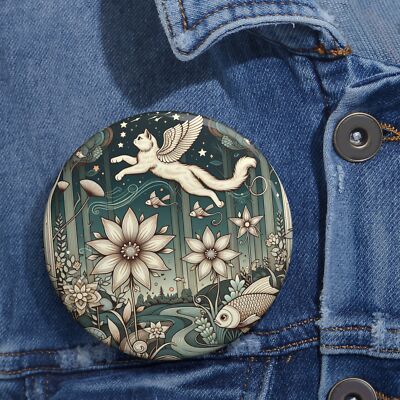 Custom Pin Button Badge Enchanted Forest with Winged Flying Cat Quirky Fun Gift