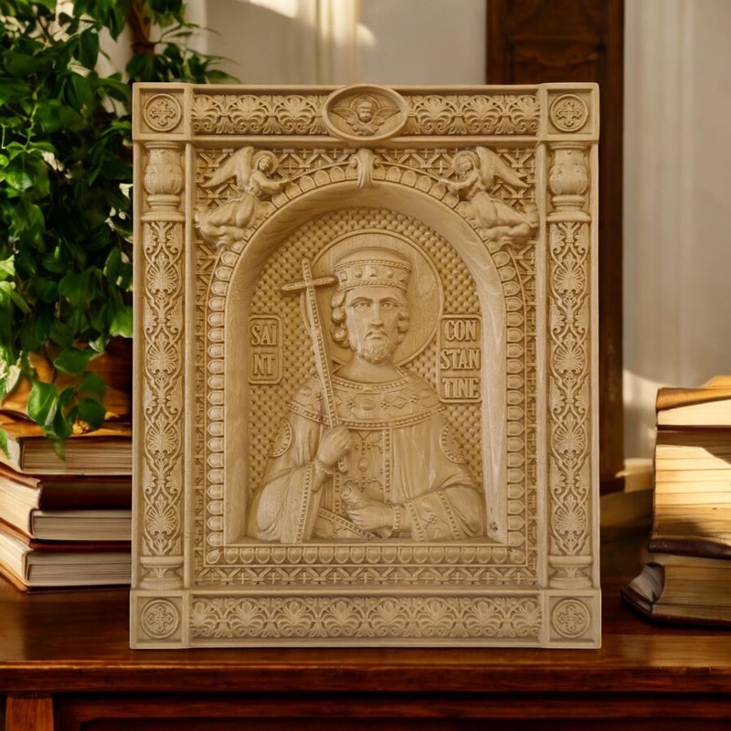 Saint Constantine Wooden Carved Handmade Byzantine Greek Orthodox Christian Icon