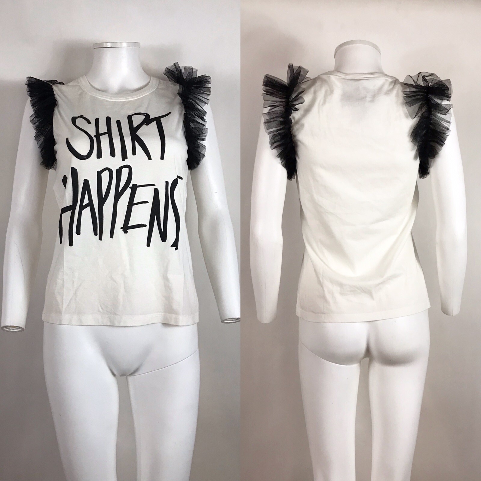 Vtg Moschino Couture Shirt Happens Ruffle Shoulder Top S