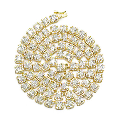 18K Gold Plated 1 Row 6MM Iced Square Sparkling Halo Cluster CZ Tennis Necklace