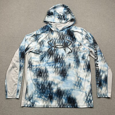 Under Armour Shirt Mens XL Blue White Fish Scale Camo Hoodie Pullover  Fishing