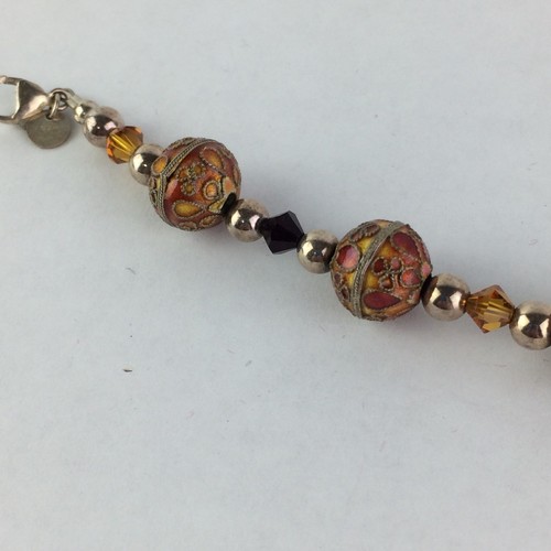 Vtg Emily Ray Bracelet Stamped Sterling Silver Orange Red Beads Crystals Ornate