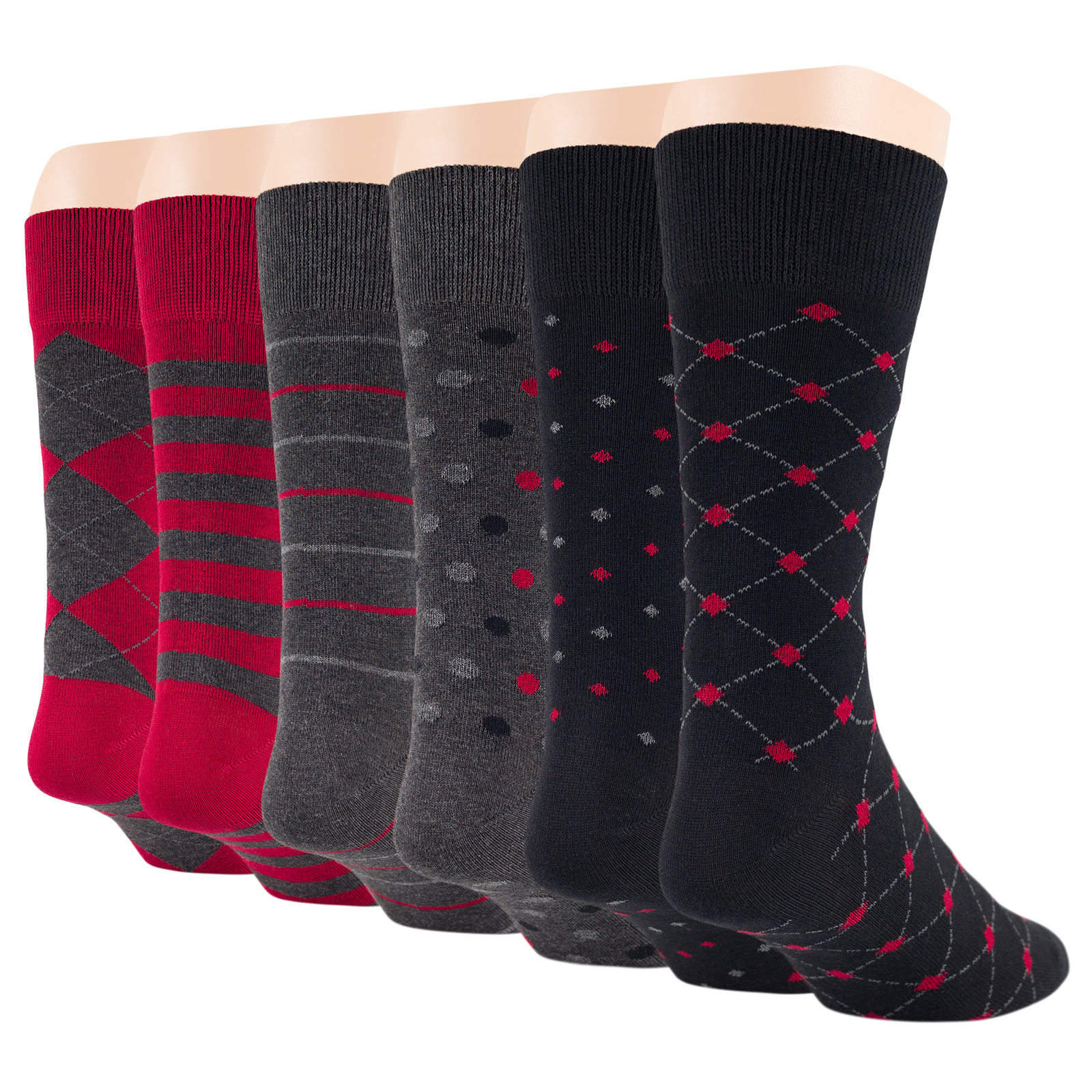 Men Cotton Casual Soft Socks 6 Pairs Argyle Polka Dot Striped Large Red Charcoal - Picture 16 of 17