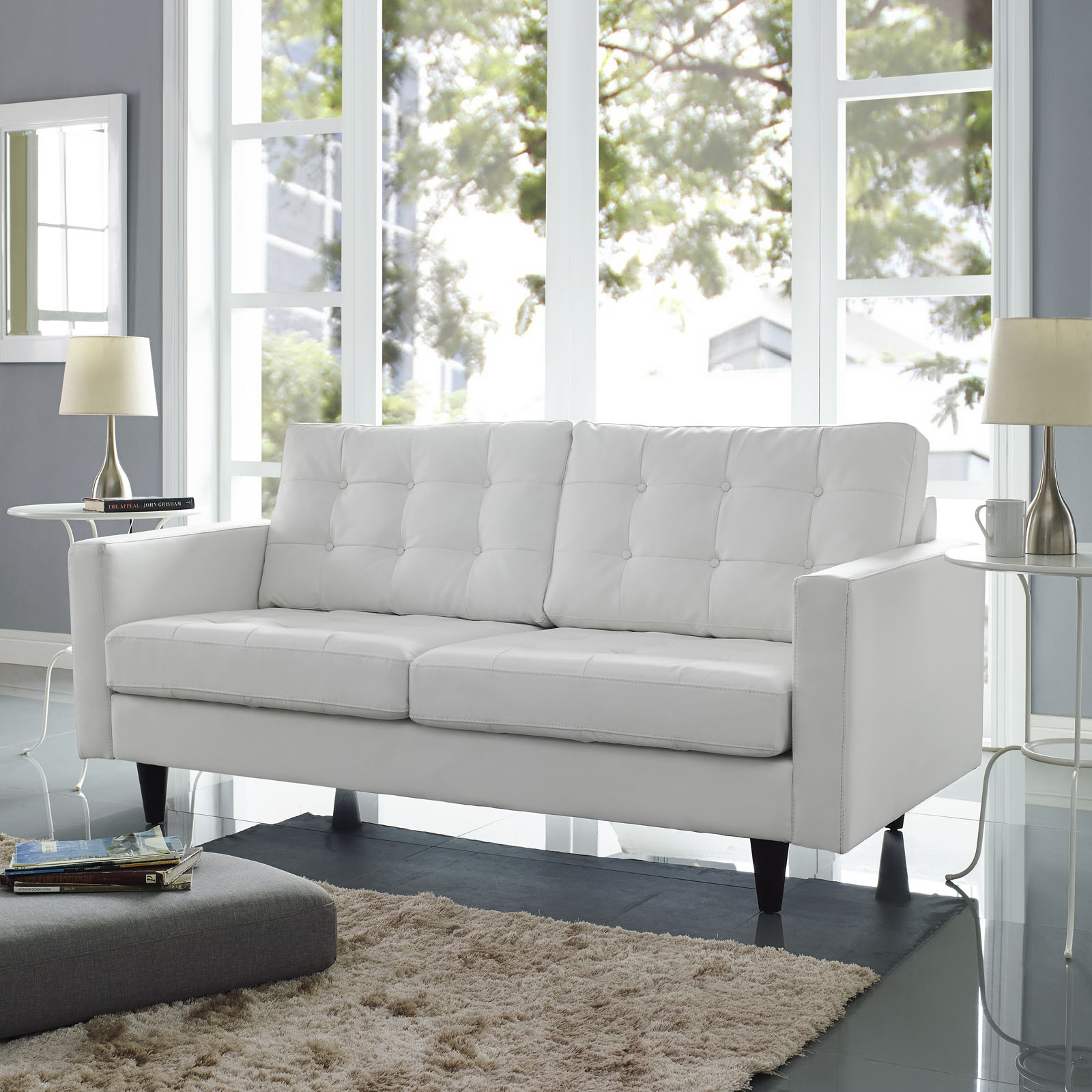 Mid Century Modern Tufted Leather Upholstered Loveseat In White 848387054434 Ebay