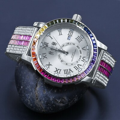 Men's Custom Baguette 18K White Gold Tone Rainbow Multi  Genuine Diamonds Watch