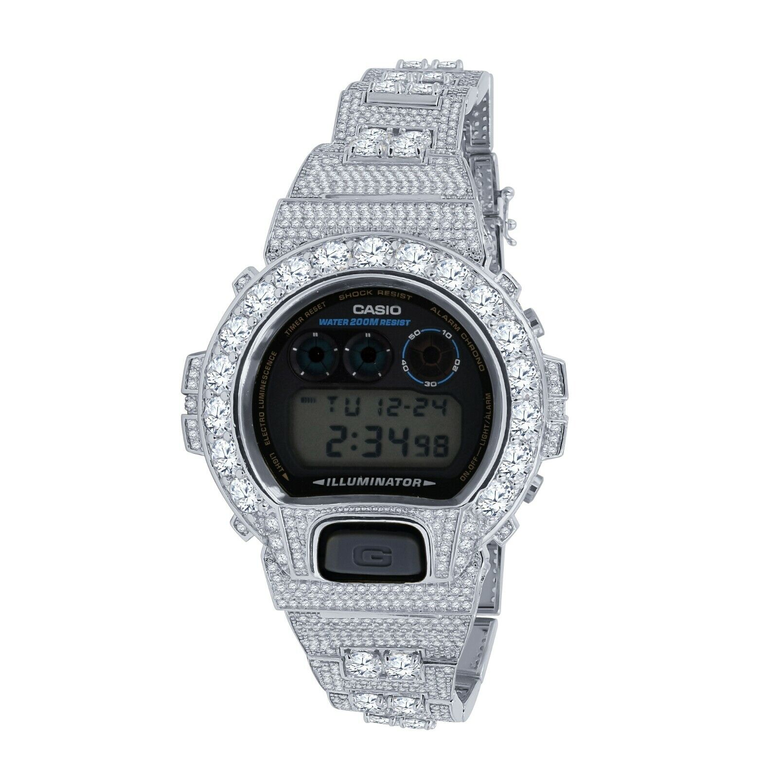 Pre-owned Casio Authentic Custom  G-shock Dw6900 Solitaire Bezel Watch 18k White Gold Tone