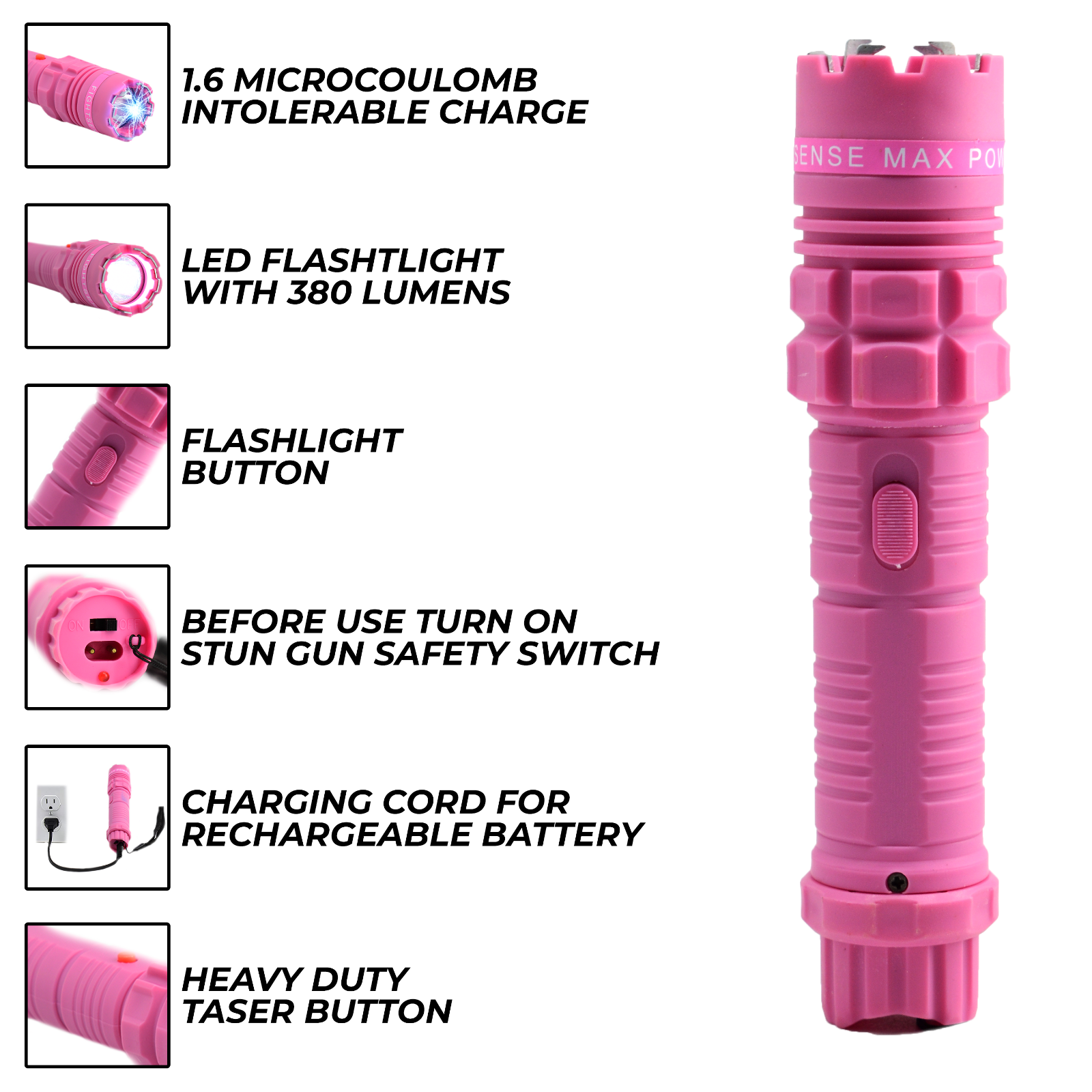 FIGHTSENSE HEAVY DUTY STUN GUN WITH LED FLASHLIGHT FOR WOMEN SELF DEFENSE