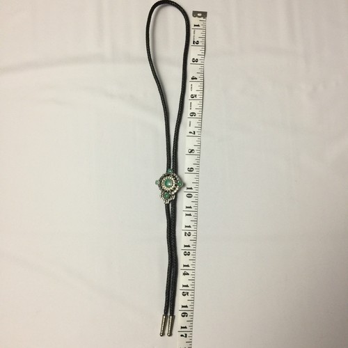 Southwest Bolo Tie Silver Tone Metal & Repro Green Turquoise Black String W/Tips