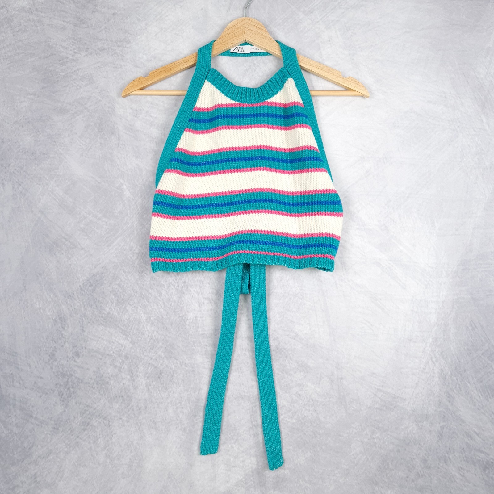 Zara Top Womens Medium White Teal Striped Cropped Knit