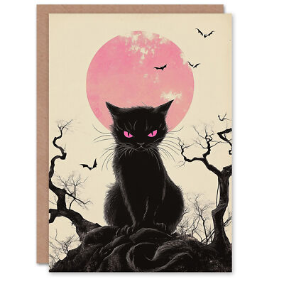 Black Cat Scowl Full Moon Bats Trick or Treat Scary Haunted Halloween Card