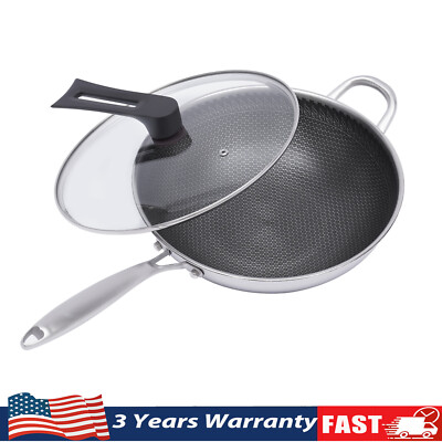Non Stick Double Sided Honeycomb Cooking Frying Wok Pan With Lid Stainless Steel