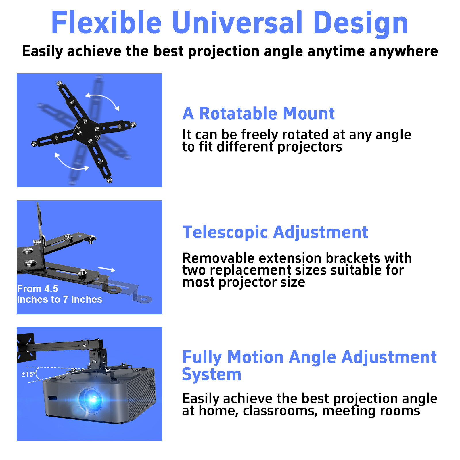 3in1 Universal 360° Swivel Tilt Projector Mount Ceiling Wall Holder Bracket 13kg