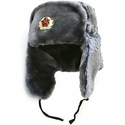 Russian Trapper Hat Cap Faux Fur With Soviet Badge Ushanka Cossack Flaps Hat