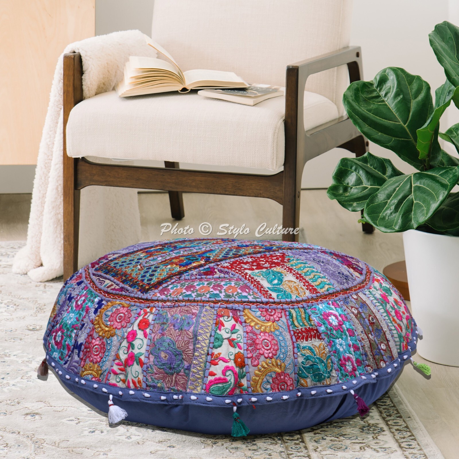 Gray 40 in Floor Cushion Round Patchwork Vintage Floor