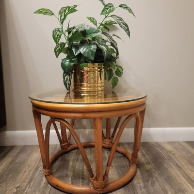 Vintage Round Bamboo Bentwood Ottoman/ Footstool Or Plant Stand With Glass Top