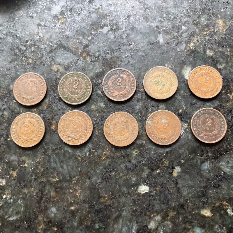 10 PC. LOT 2C COINS. 1864-1871 GOOD OR BETTER
