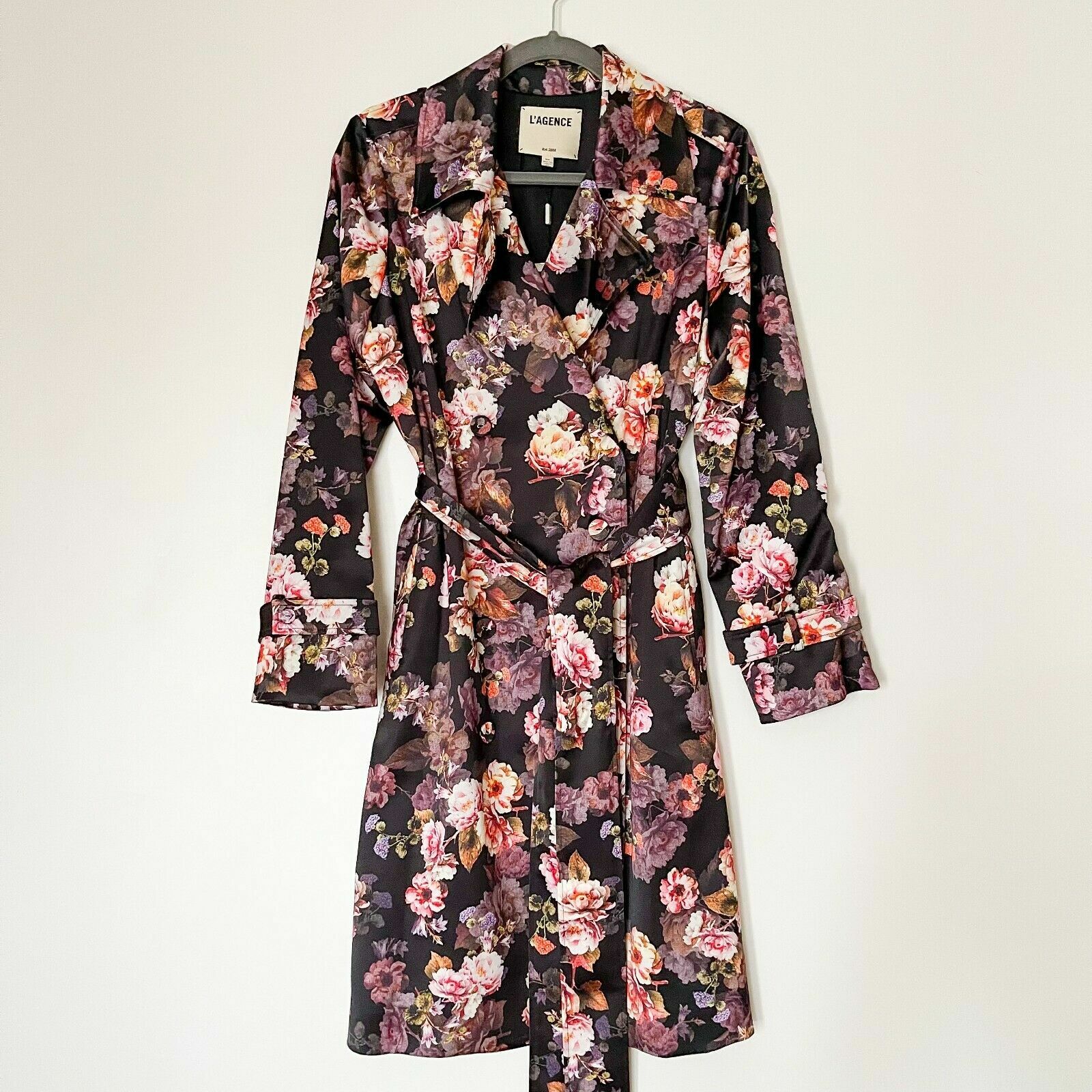 Pre-owned L Agence Women's L'agence Atticus Floral Print Trench Coat, Size S/p M - Black