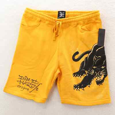 Ed Hardy  Men's Yellow Crouching Panther Fleece Shorts MEDIUM