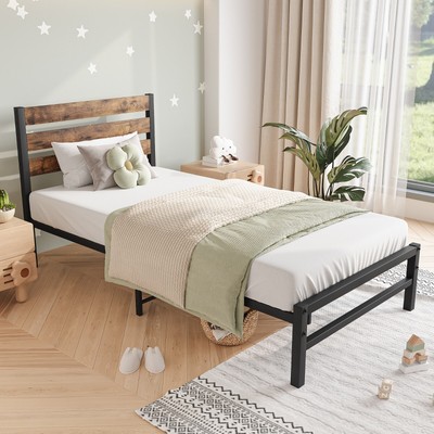 With Vintage Wood Headboard, Metal Slats Support