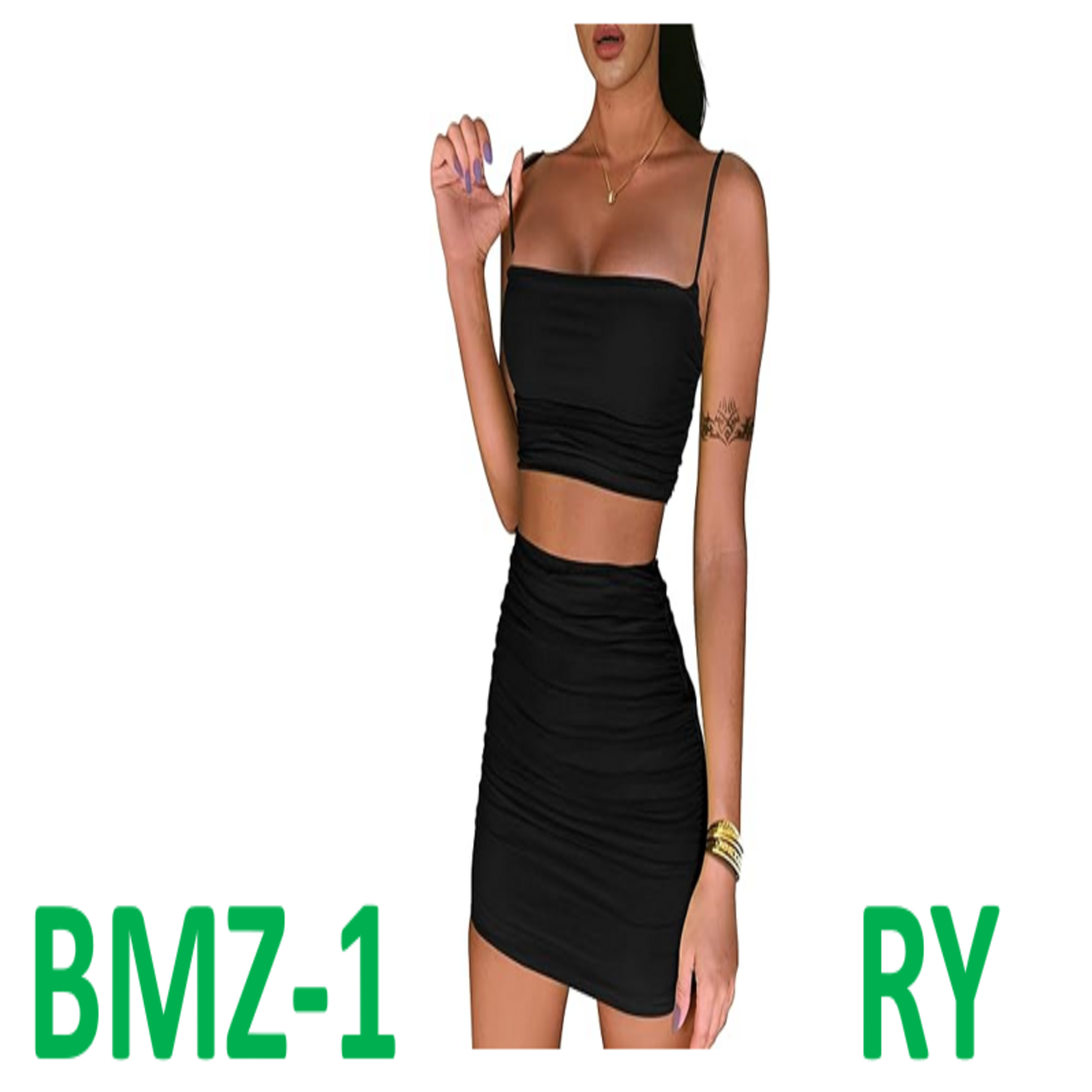 BEAGIMEG Women's Cami Crop Top Bodycon Skirt 2 Piece Outfits Dress, Black, M