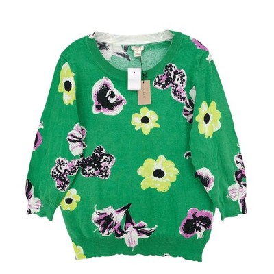 NWT J CREW Factory Green Floral Sweater 3/4 Sleeve Hand Printed 100% Cotton XL