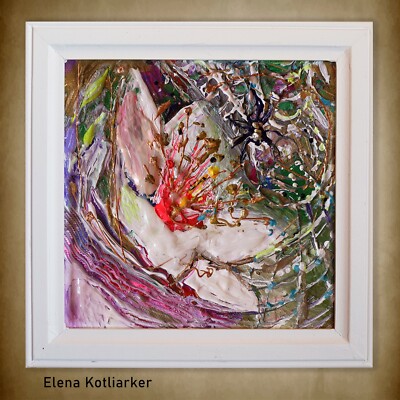 Ready to hang framed abstract painting. Bold strokes on white background