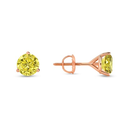 Pre-owned Shine Brite With A Diamond 2 Ct Round Cut Canary Earrings Studs Solid Real 14k Rose Gold Screw Back Martini In Pink