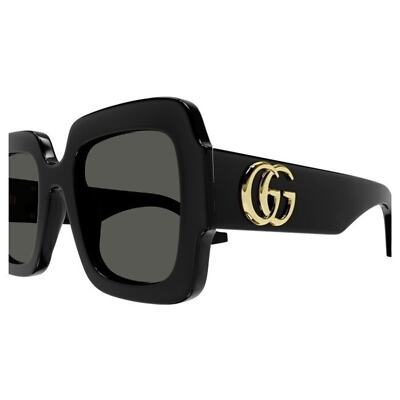 Pre-owned Gucci Gg1547s 001 Black Gold Grey Lens Women Sunglasses Square Authentic In Gray