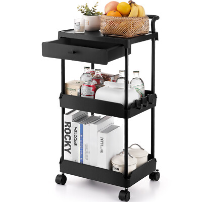 VEVOR 3-Tier Kitchen Rolling Cart Utility Cart on Wheel with Drawer Shelf Black