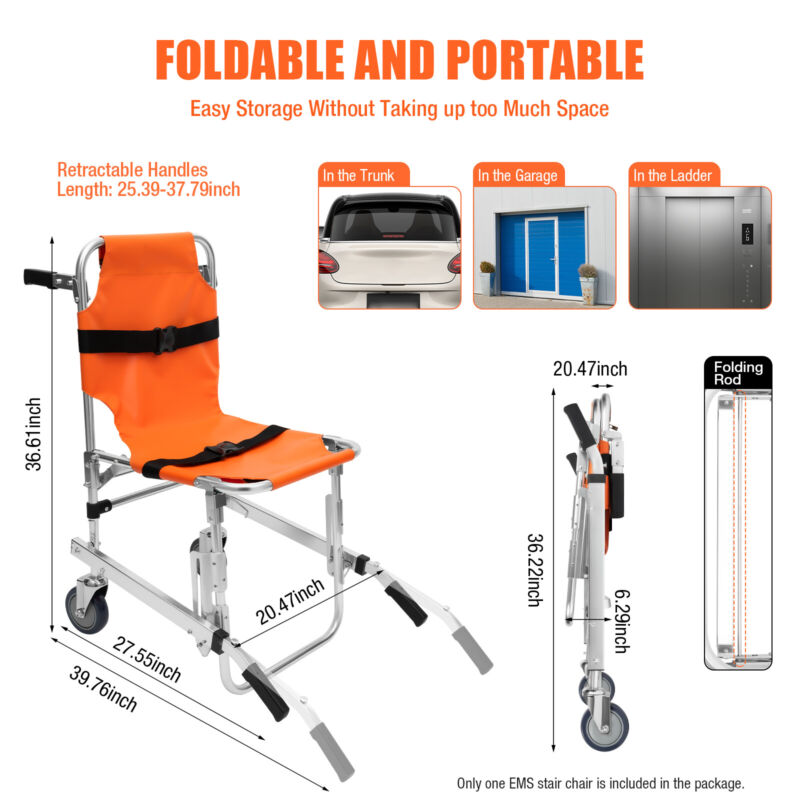 EMS Stair Chair Medical Emergency Evacuation Lifting Climbing Wheelchair 2 wheel