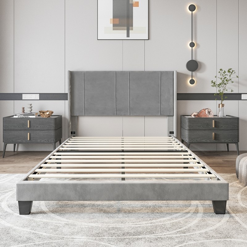YITAHOME Full Size Platform Metal Bed Frame Headboard Upholstered Wooden Slats