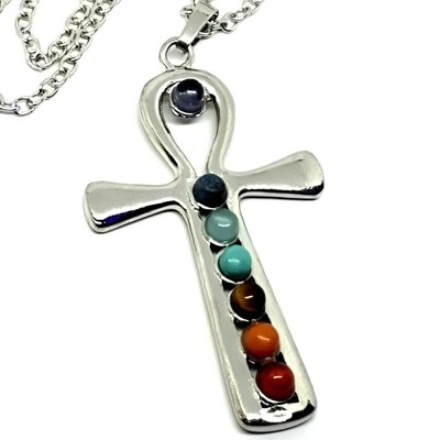 Ankh Pendant Osiris 7 Seven Chakra Necklace Egypt Silver Reiki 18'' Chain Boxed