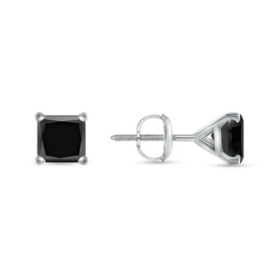 Pre-owned Shine Brite With A Diamond 2 Ct Princess Cut Black Earrings Studs Solid 14k White Gold Screw Back Martini In White/colorless