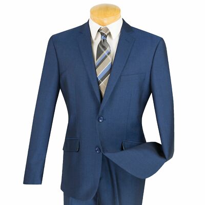 VINCI Men's Blue Textured Weave 2 Button Slim Fit Suit NEW