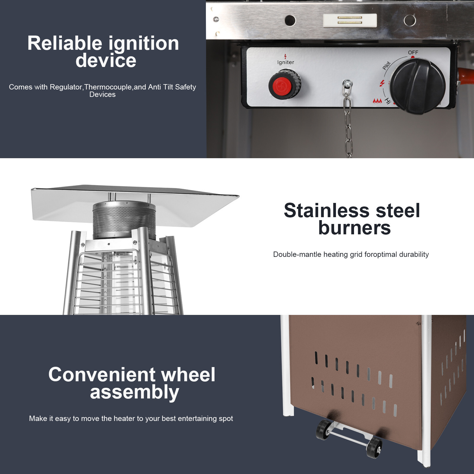 Patio Heater 42,000 BTU Pyrami-d Flame Outdoor Heater Propane Heater With Wheel
