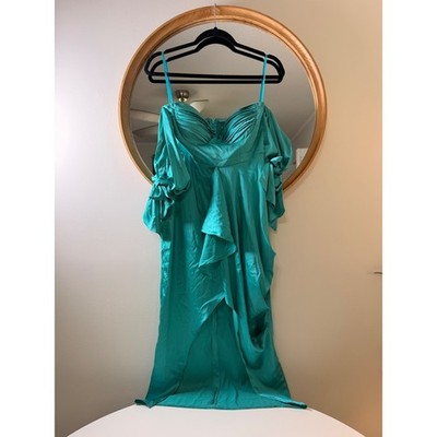 Here Comes The Sun Maxi Dress Womens S Teal Excellent Satin Ruffle Pleated Bust