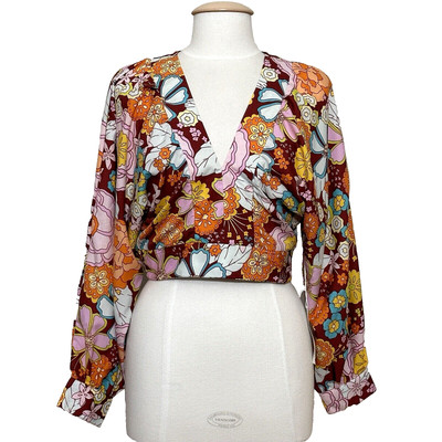 TRUTH Womens Top M Orange Burgundy Floral Crop Boho Retro 70s Mod Funky Hippie