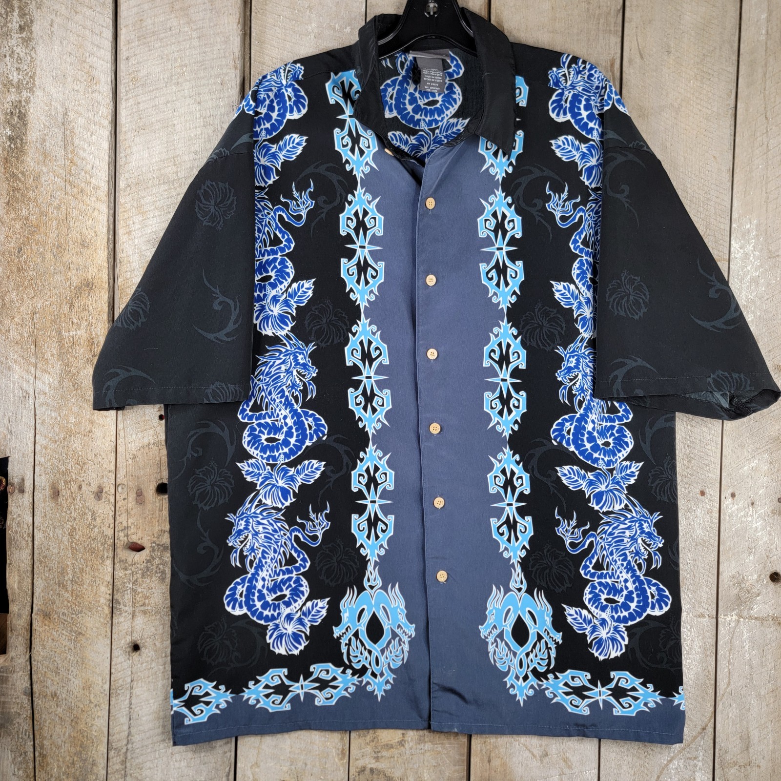 Extreme Gear Blue Dragon Shirt XL Black Button Front Made in Korea 90s Style