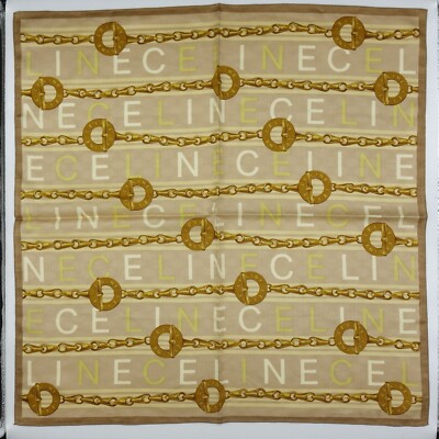 Celine Paris Brown Big Logo Handkerchief Chain Jacquard Cotton Scarf Sz: 22''x23''