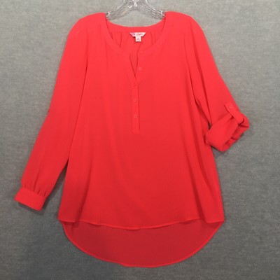 Candie's M Neon Fire Red Sheer Popover Tunic Roll Tab Crepe Bright Career EUC
