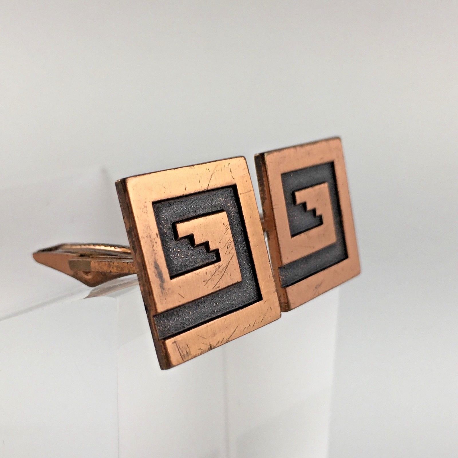 Vintage Copper Tone Cuff Links Cufflinks Mid Century Modern MCM Geometric Gift